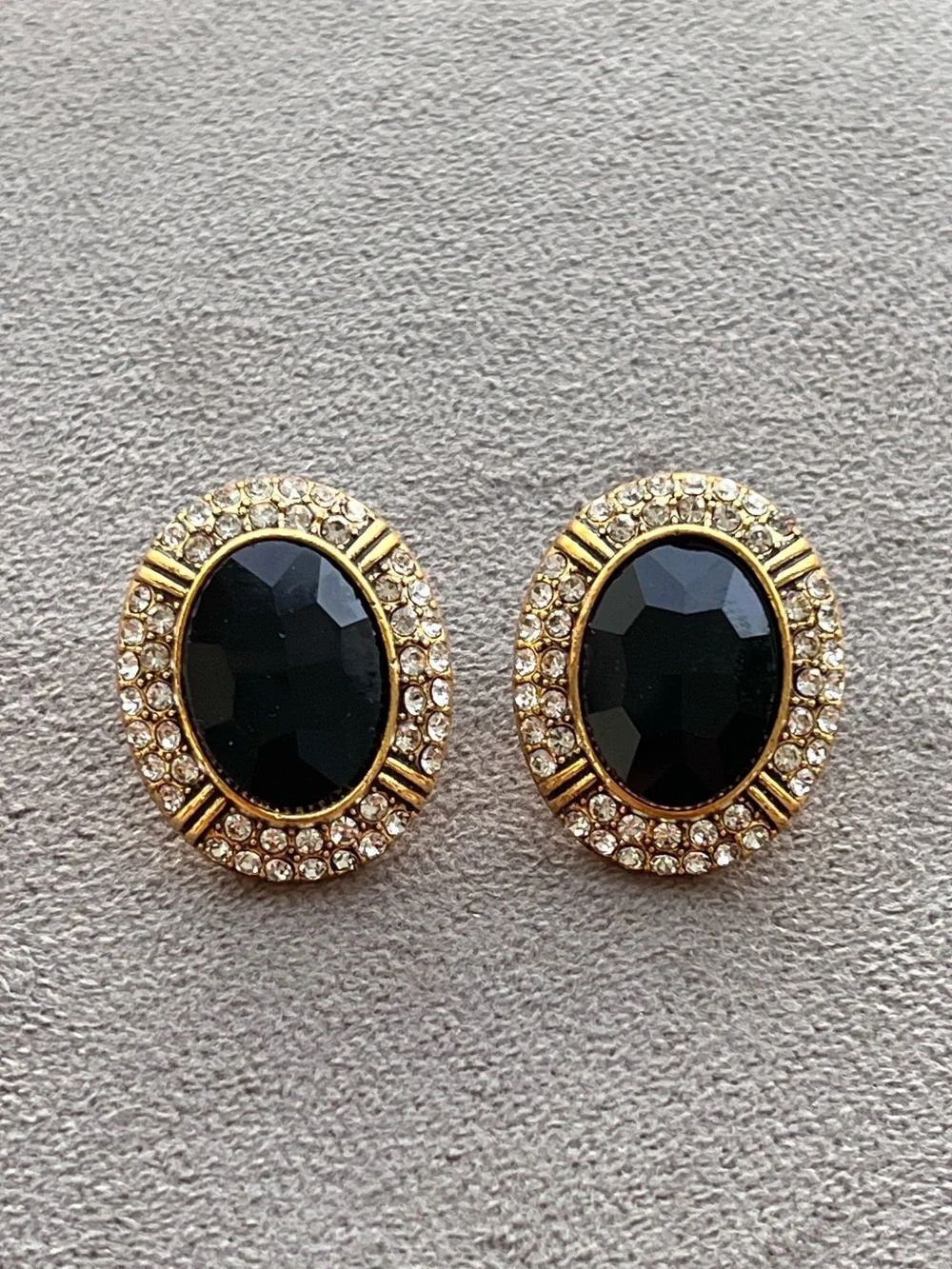 Gold Tone Black Crystal Oval Stud Earrings